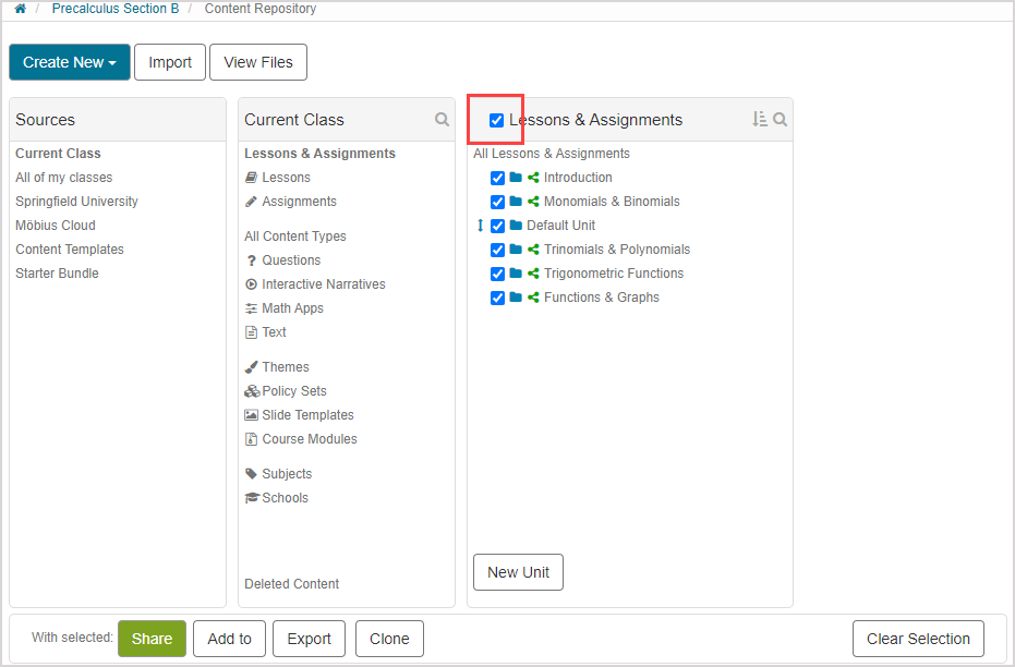 Under Questions pane in the Content Repository, checkbox in the heading of Lessons and Assignments pane is checked, and all other checkboxes in that pane are checked.